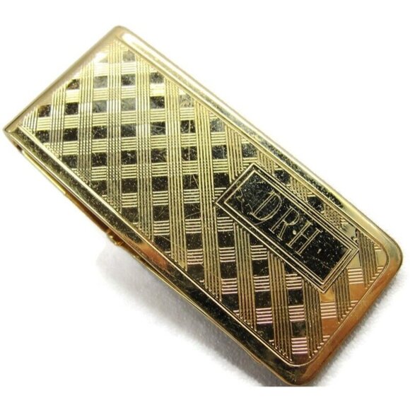 "DRH" Monogrammed Hayward Checker Gold Tone Money Clip Credit Card Cash Holder - Picture 1 of 9